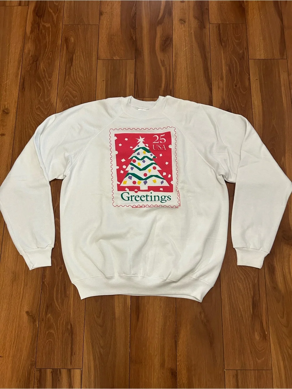 Vintage 1990 USPS Christmas Sweater  XL Christmas Tree 25 Cent Stamp Min Wear